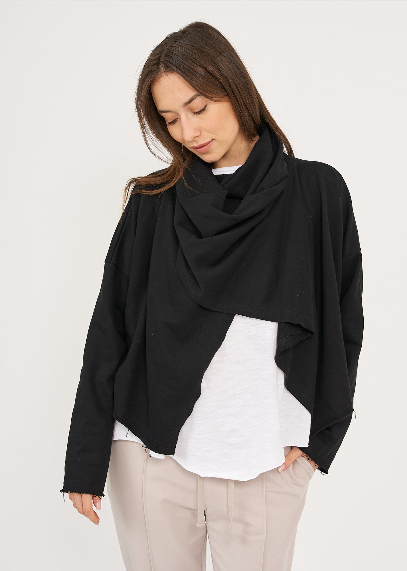 Short top with a black wrapped scarf