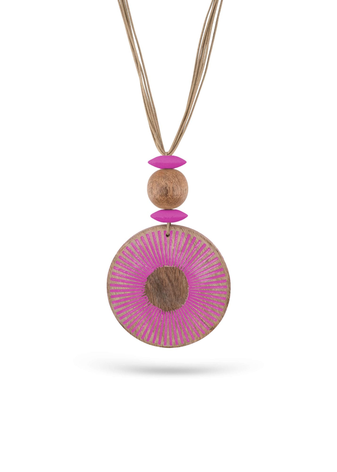 Mango wood necklace with fuchsia pink painted stripes texture