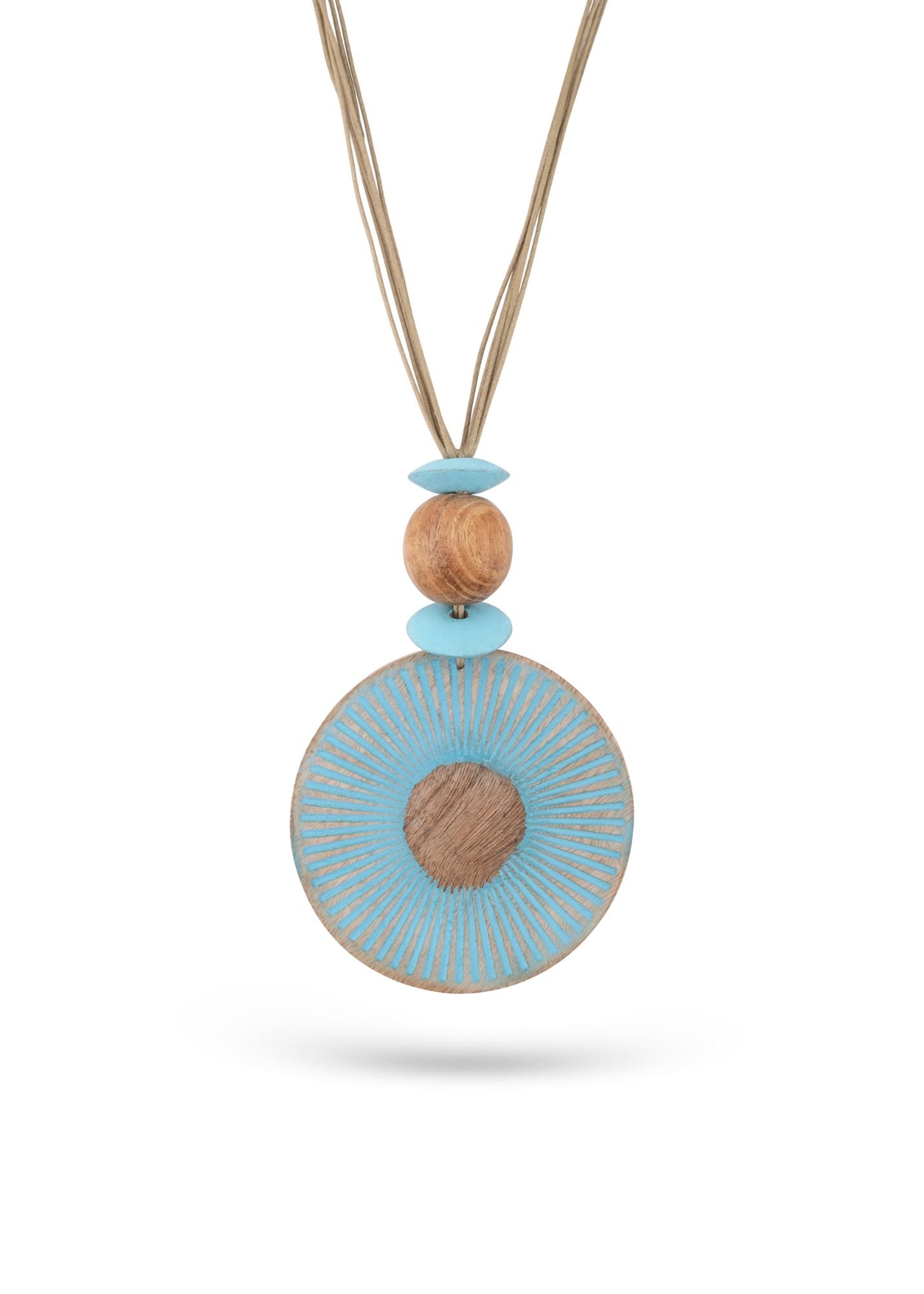 Mango wood necklace with light blue painted stripes texture