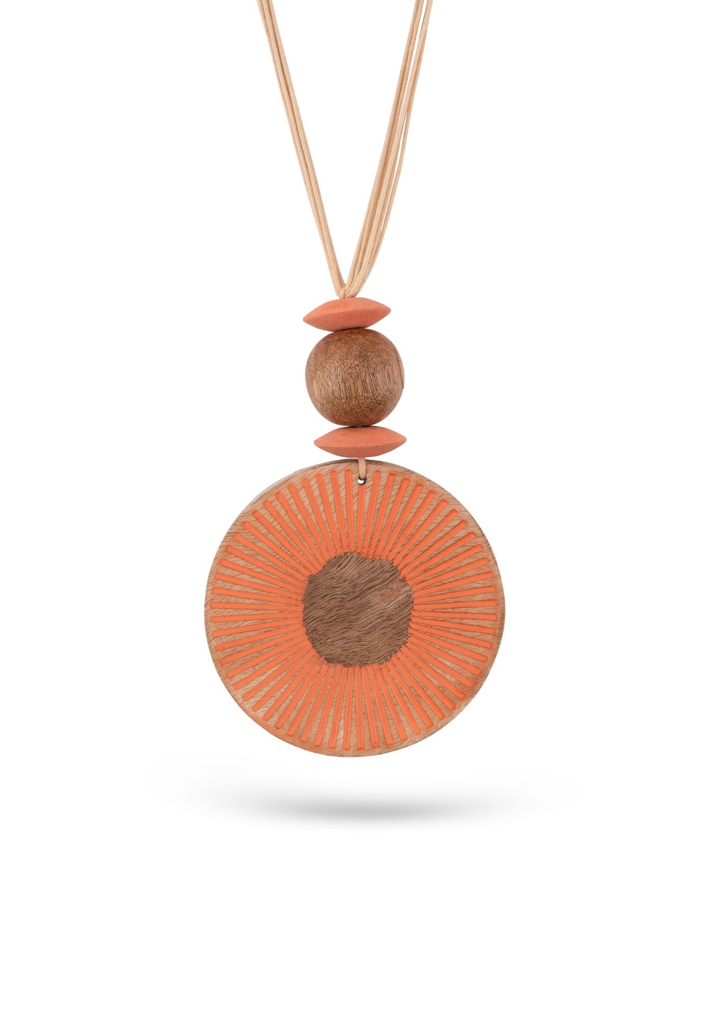 Mango wood necklace with orange painted stripes texture