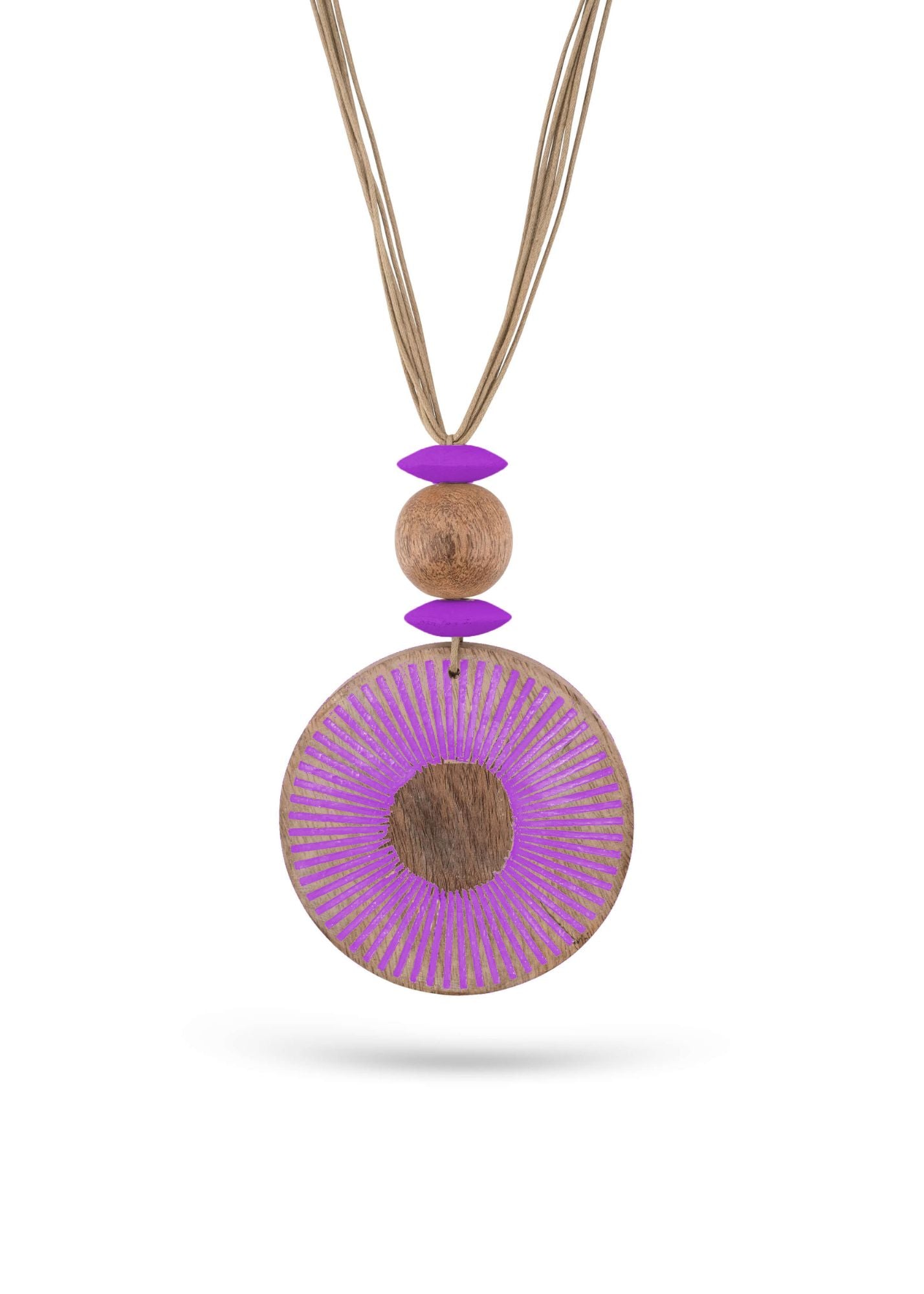 Mango wood necklace with purple painted stripes texture