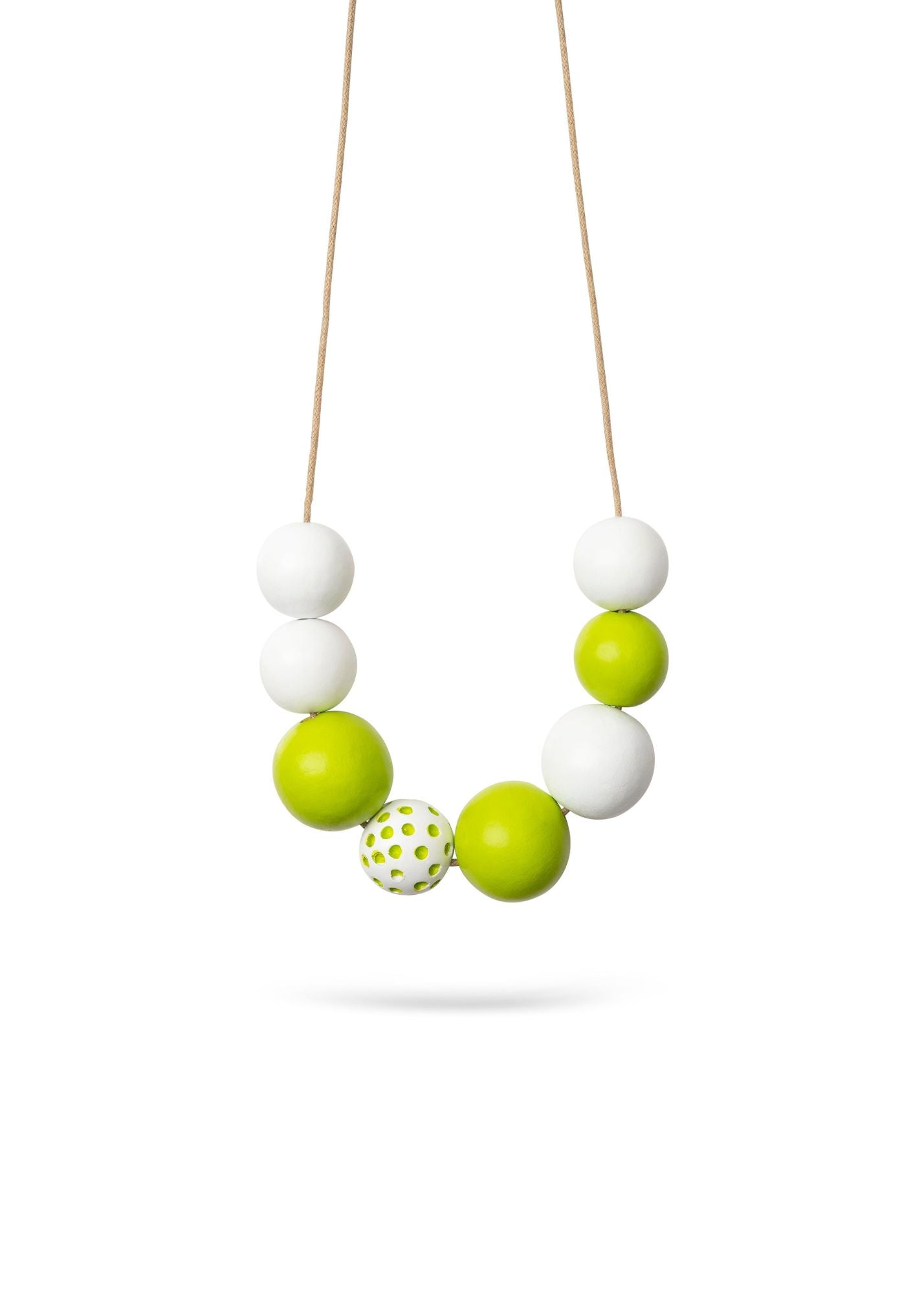 A necklace of large light green dotted beads