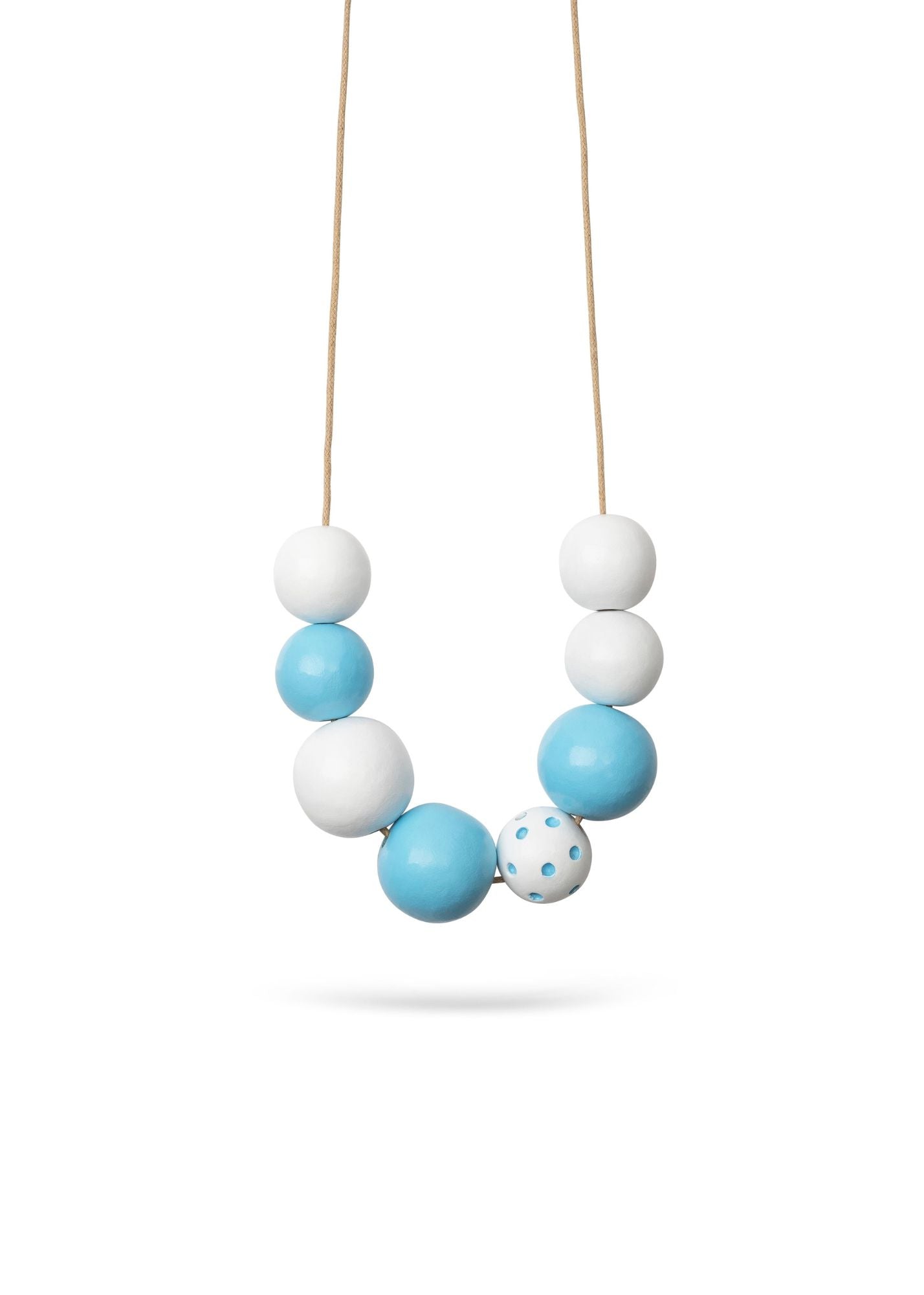 A necklace of large light blue dotted beads