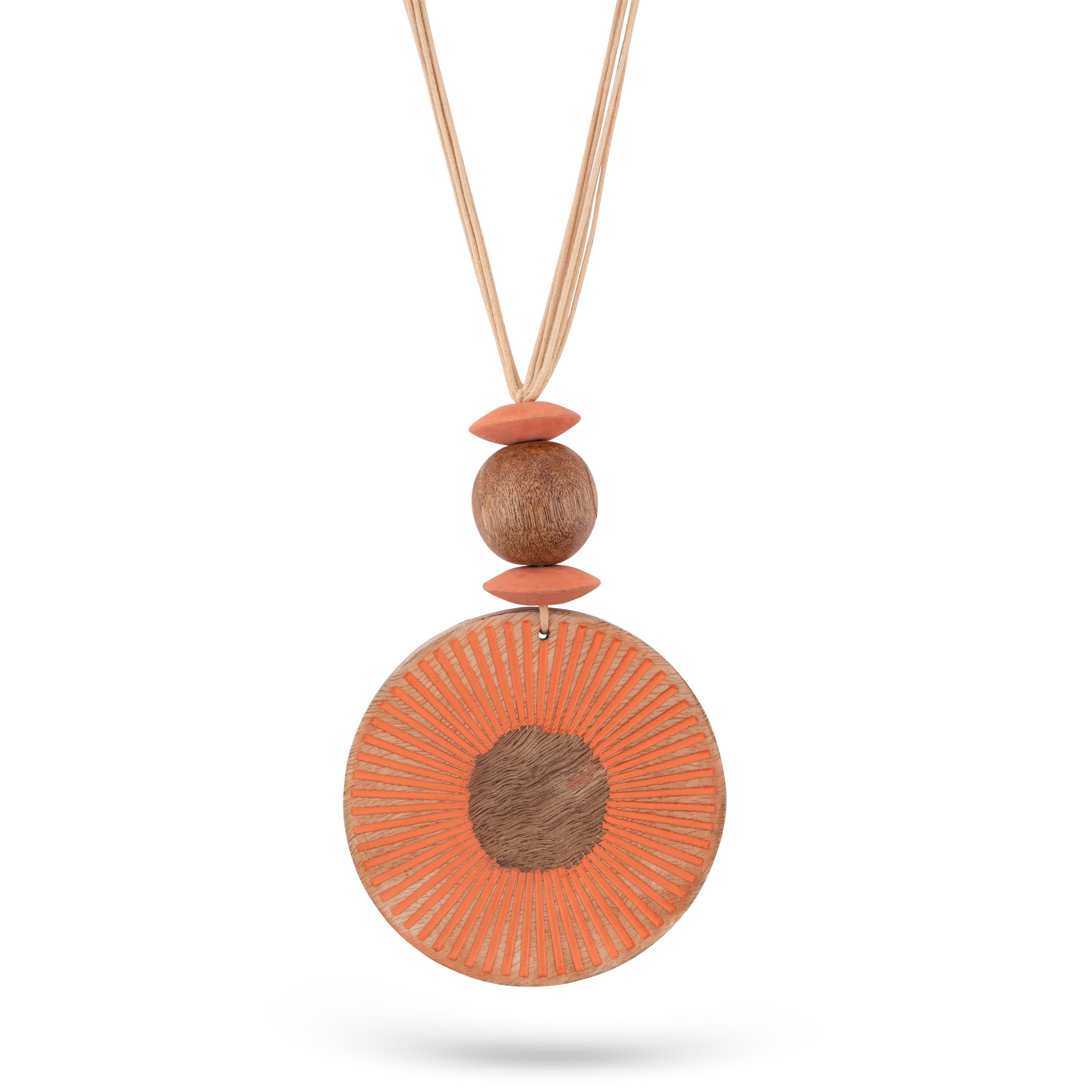 Mango wood necklace with orange painted stripes texture