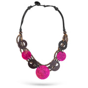 Handmade necklace rows of beads and coconut disks fuchsia pink