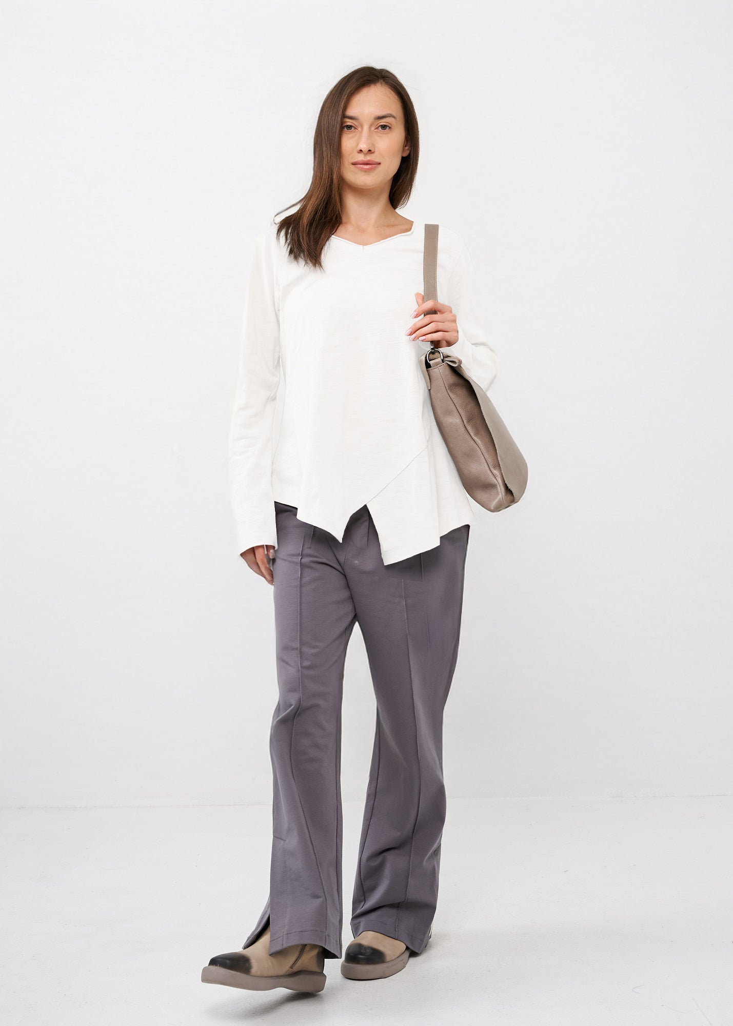 White long-sleeve v-neck asymmetric shirt