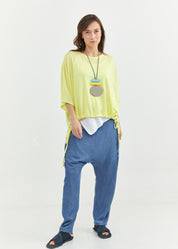 Short sleeve linen slav shirt with yellow drawstring