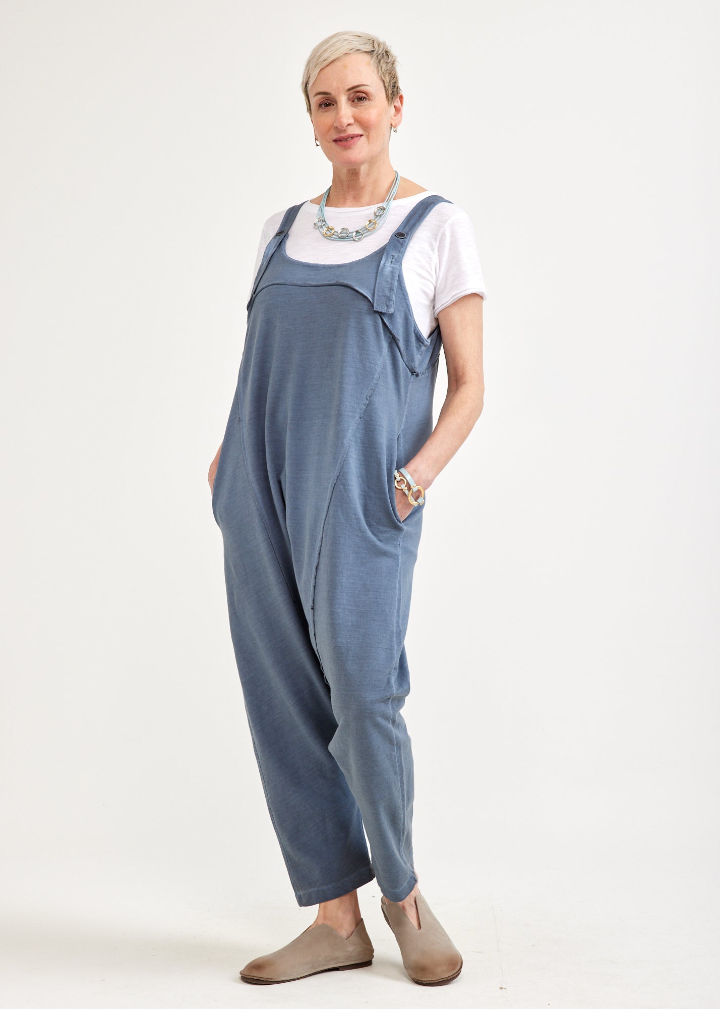 French terry overall with blue wash buttons