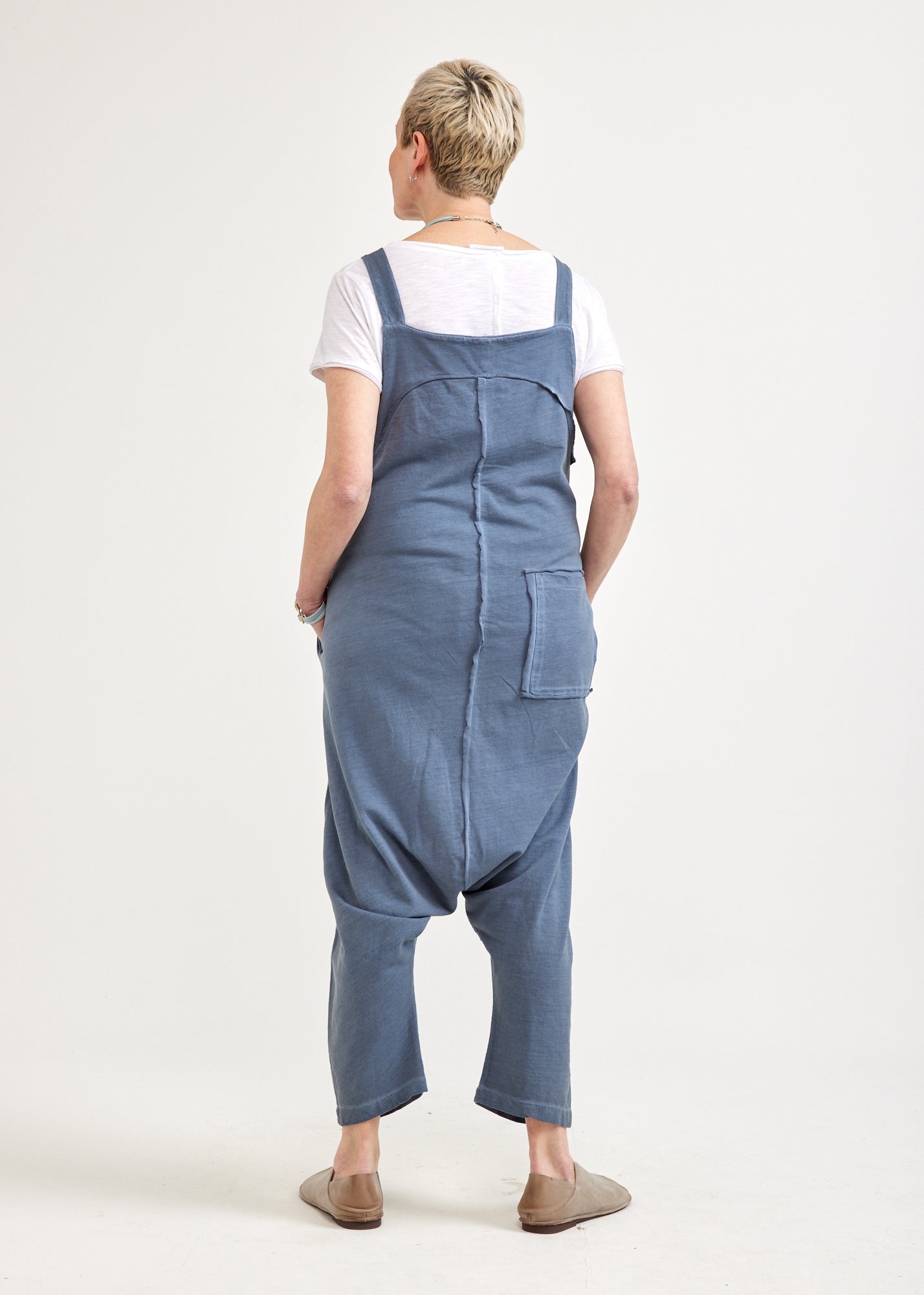 French terry overall with blue wash buttons