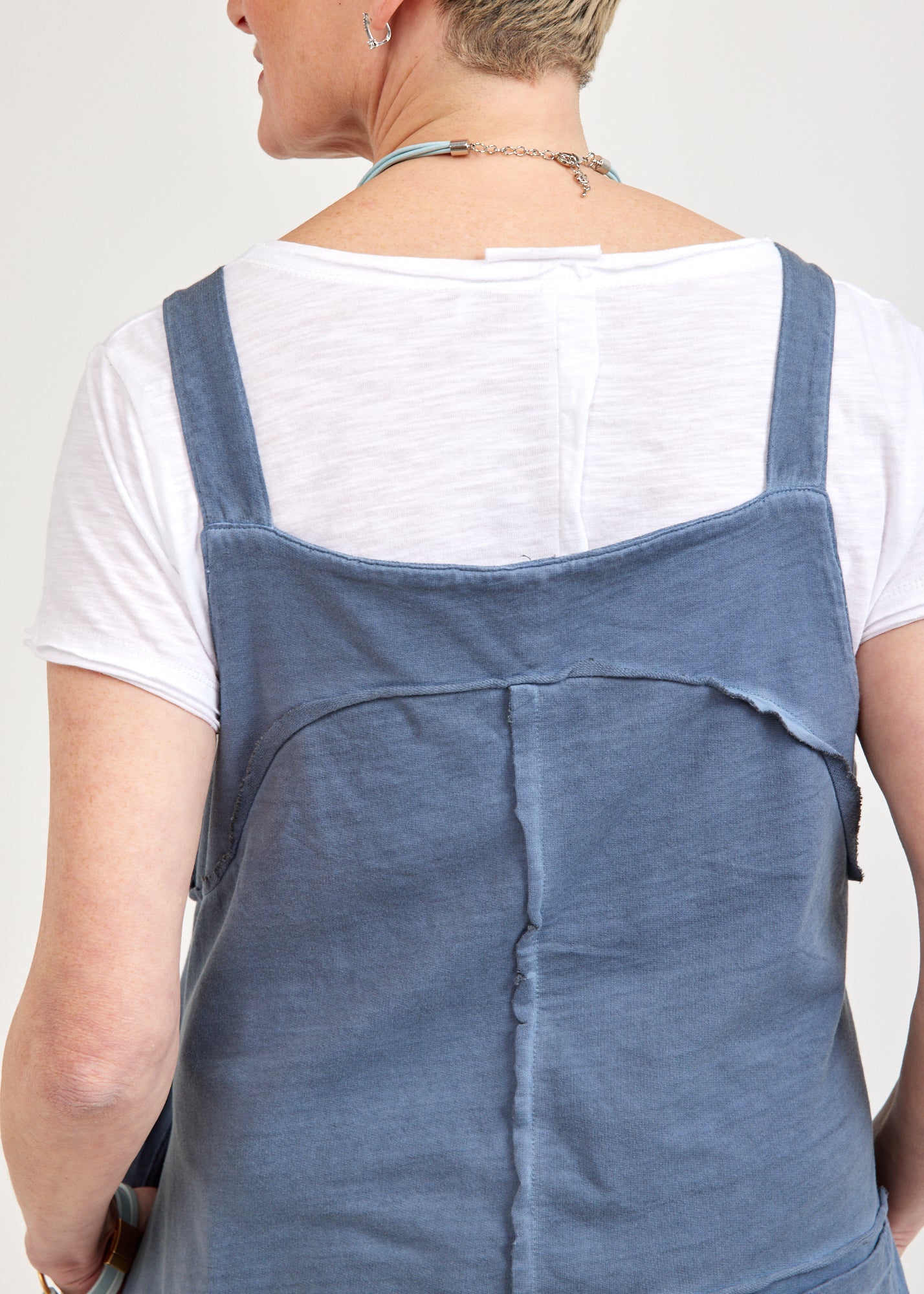 French terry overall with blue wash buttons