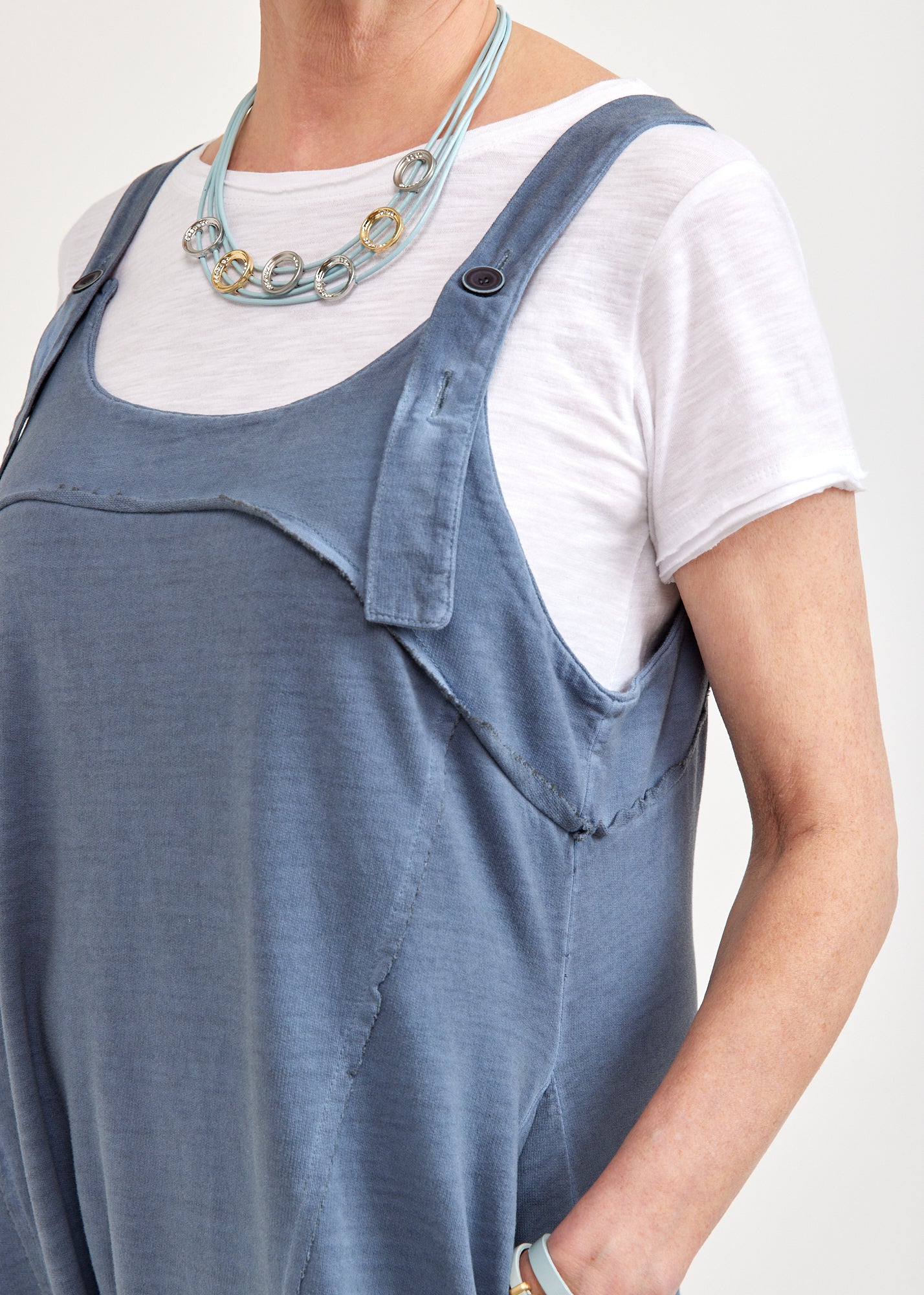 French terry overall with blue wash buttons