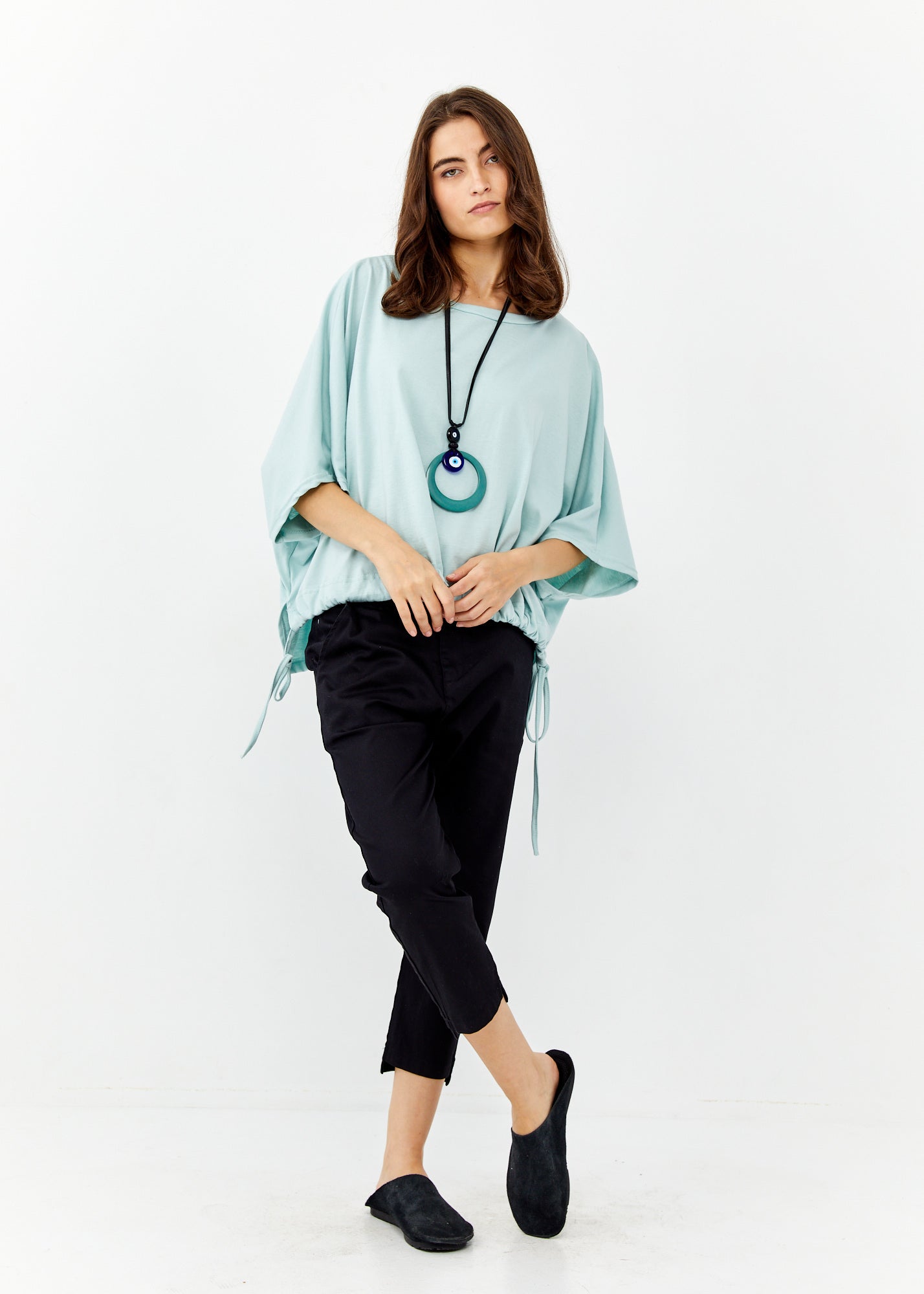 Short sleeve cotton shirt with turquoise drawstring