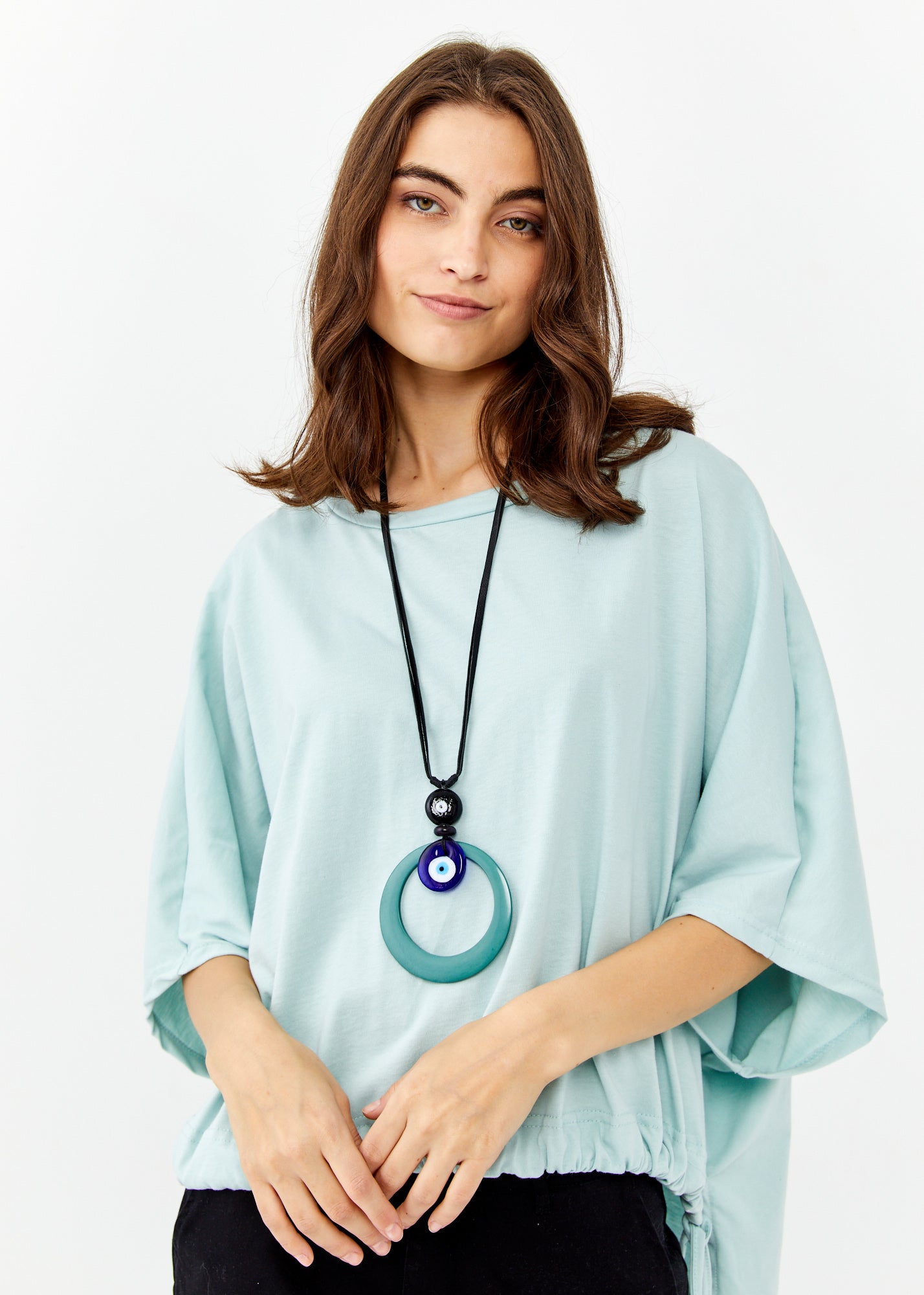 Short sleeve cotton shirt with turquoise drawstring