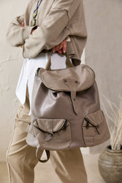 Large backpack leather and canvas front pockets Stone