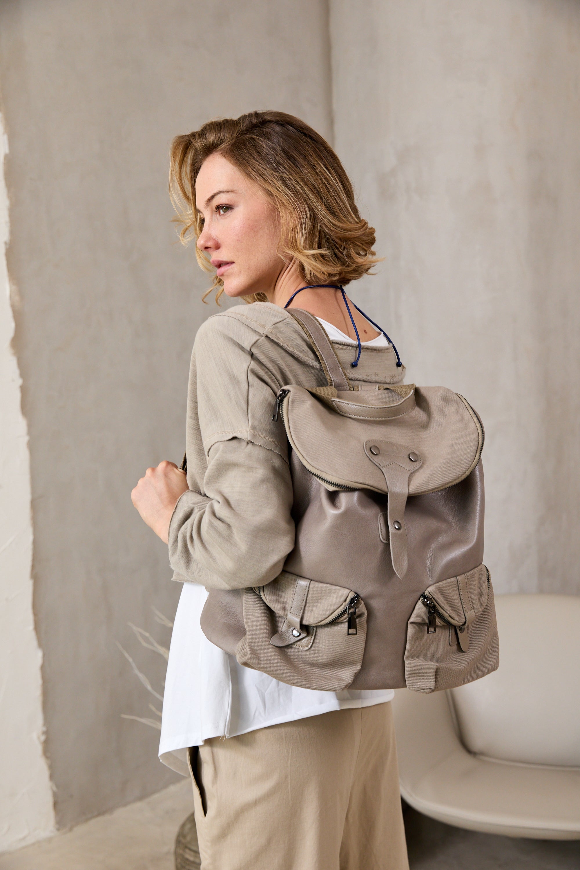 Large backpack leather and canvas front pockets Stone