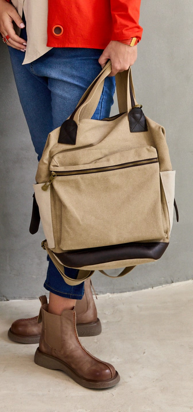 Large Front Pocket Canvas Backpack Beige