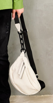 White strap leather pouch bag with hinges