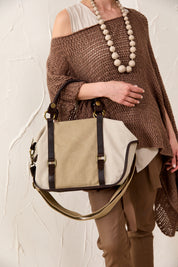 Canvas bag color combination beige leather handles