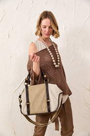 Canvas bag color combination beige leather handles