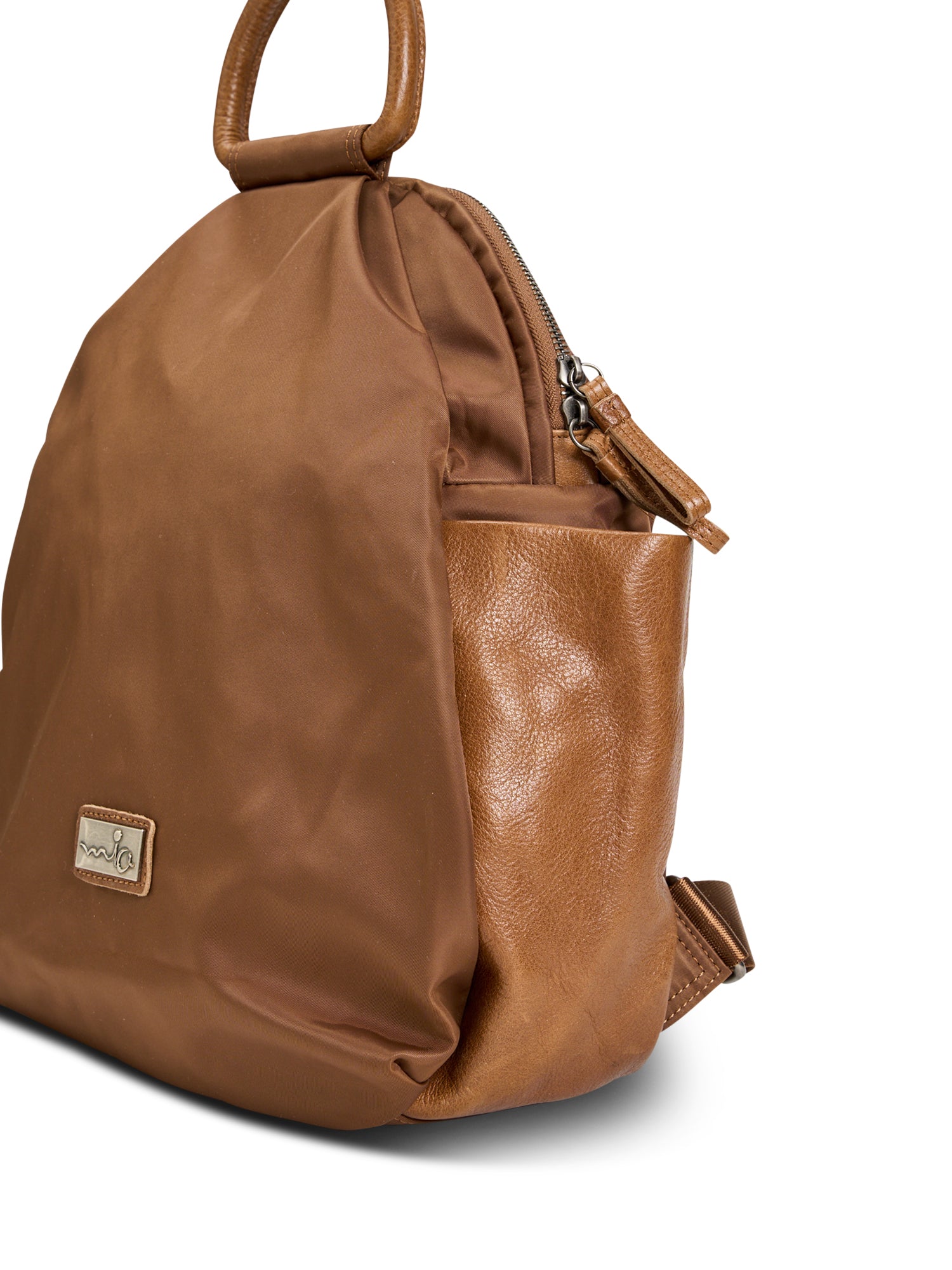 Nylon backpack combined with brown leather