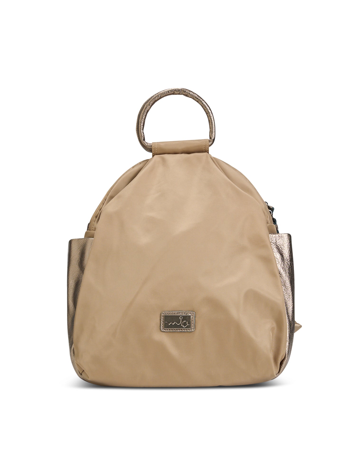 Nylon backpack combined with gold leather