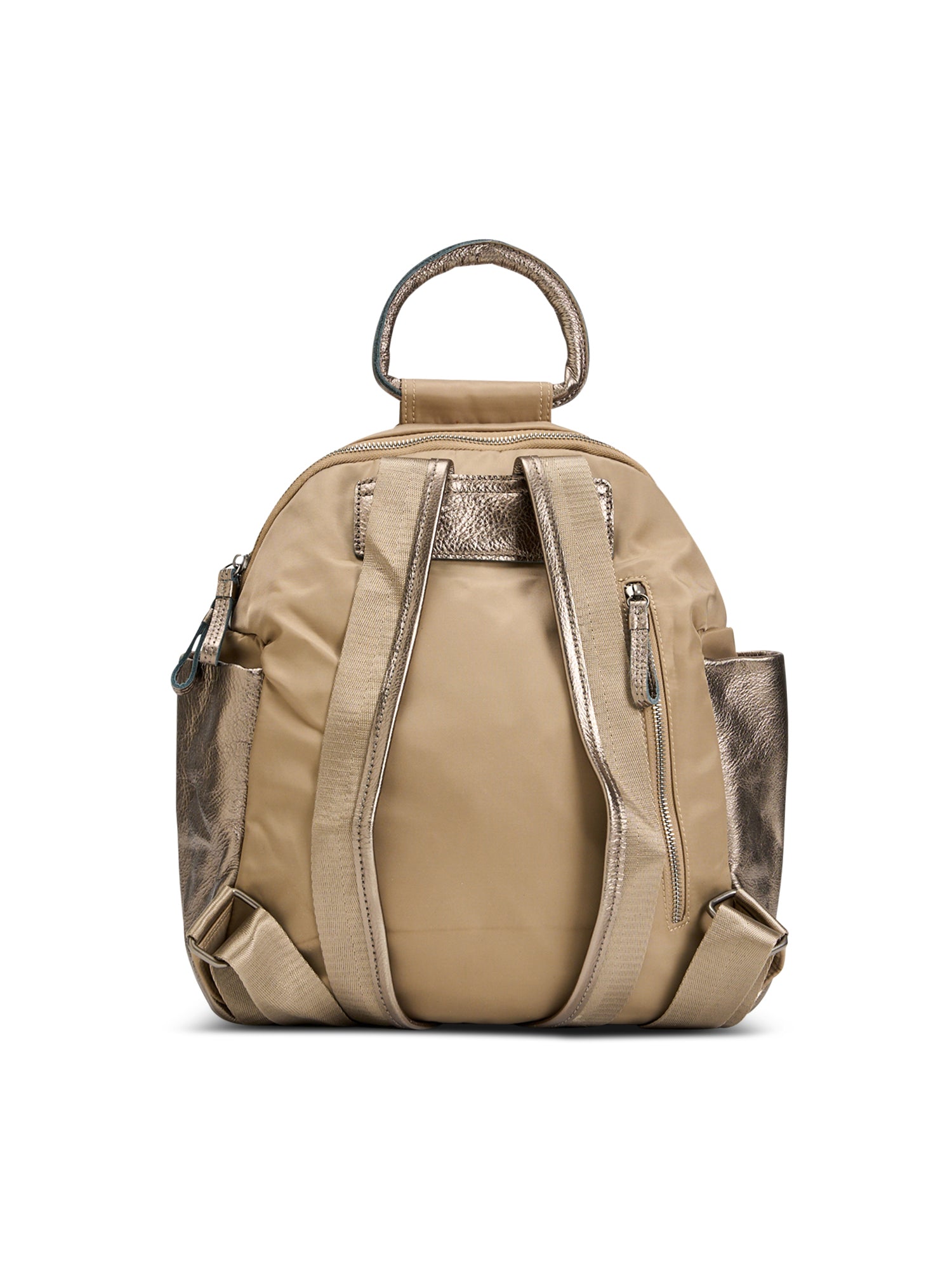 Nylon backpack combined with gold leather