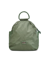 Nylon backpack combined with green leather