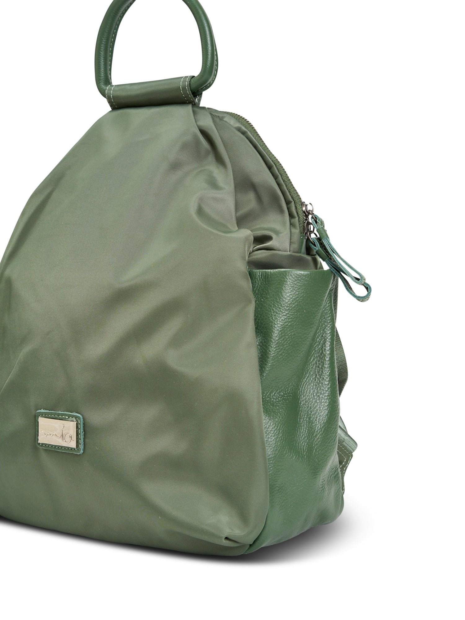 Nylon backpack combined with green leather