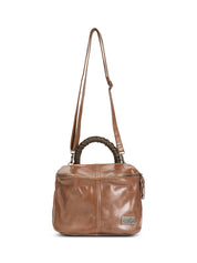 A small leather bag with a handle and a brown color combination