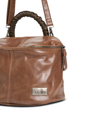 A small leather bag with a handle and a brown color combination