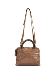 A small leather bag with a handle and a brown color combination