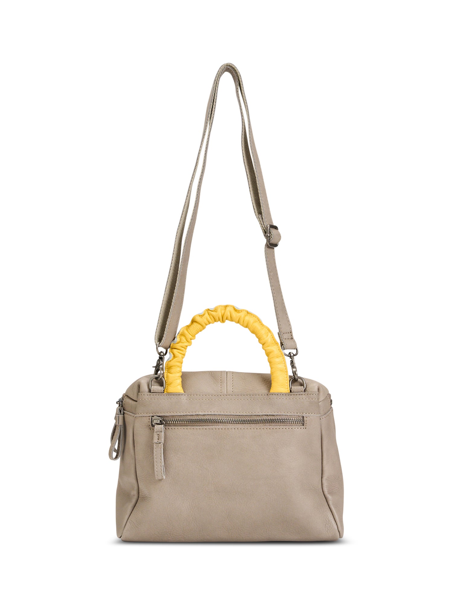 A small leather bag with a handle and a yellow color combination