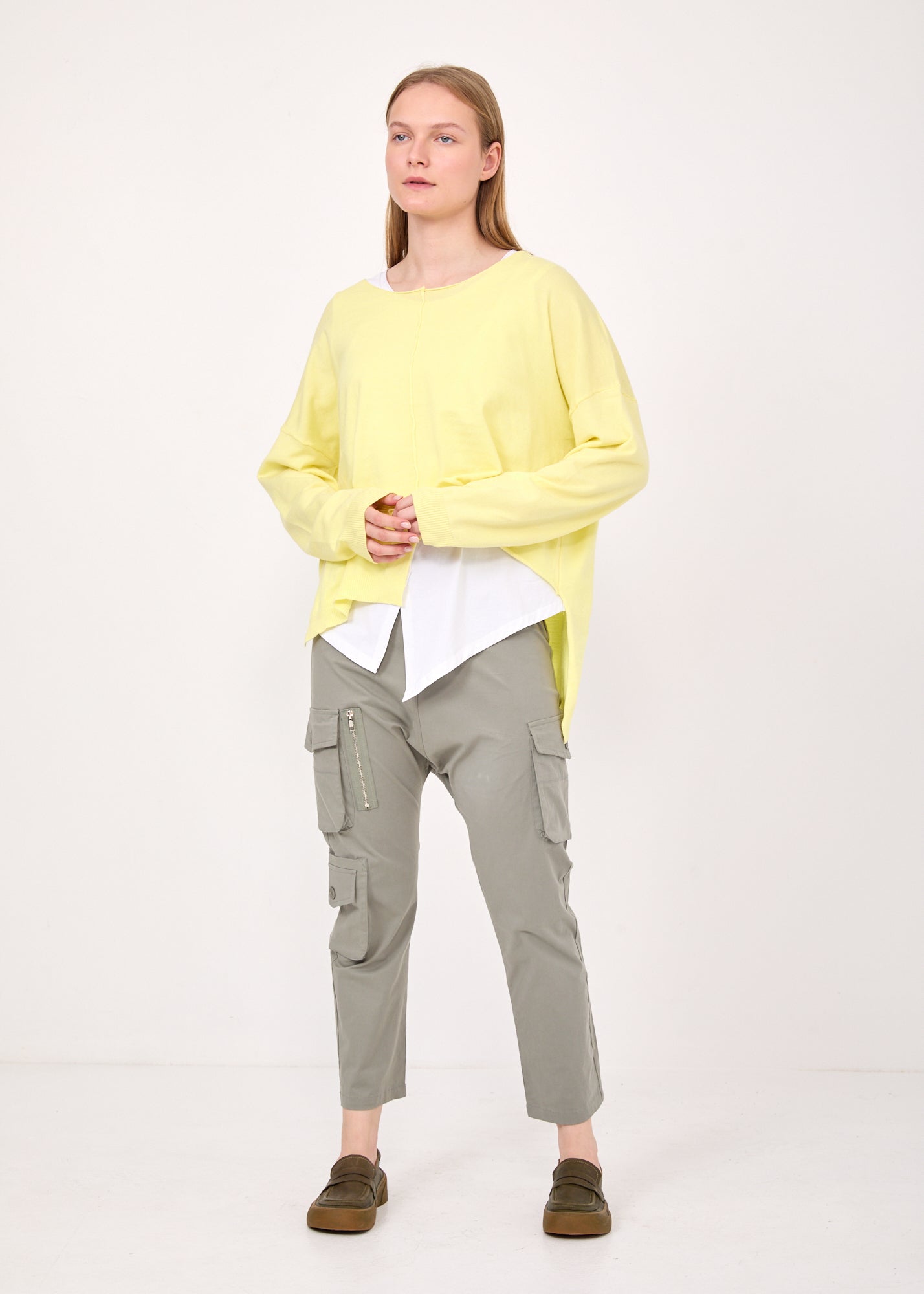 Light yellow asymmetric extension knit