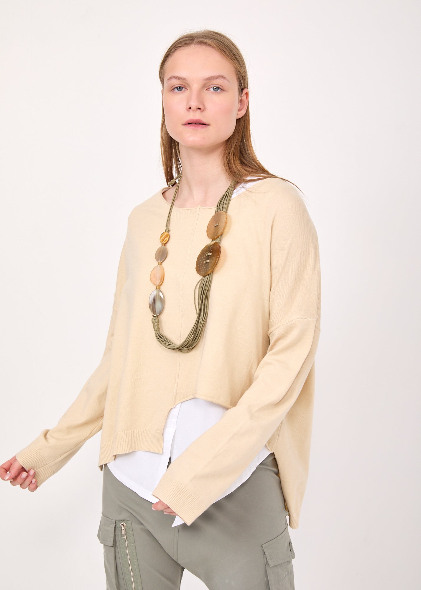 Stone asymmetric extension knit