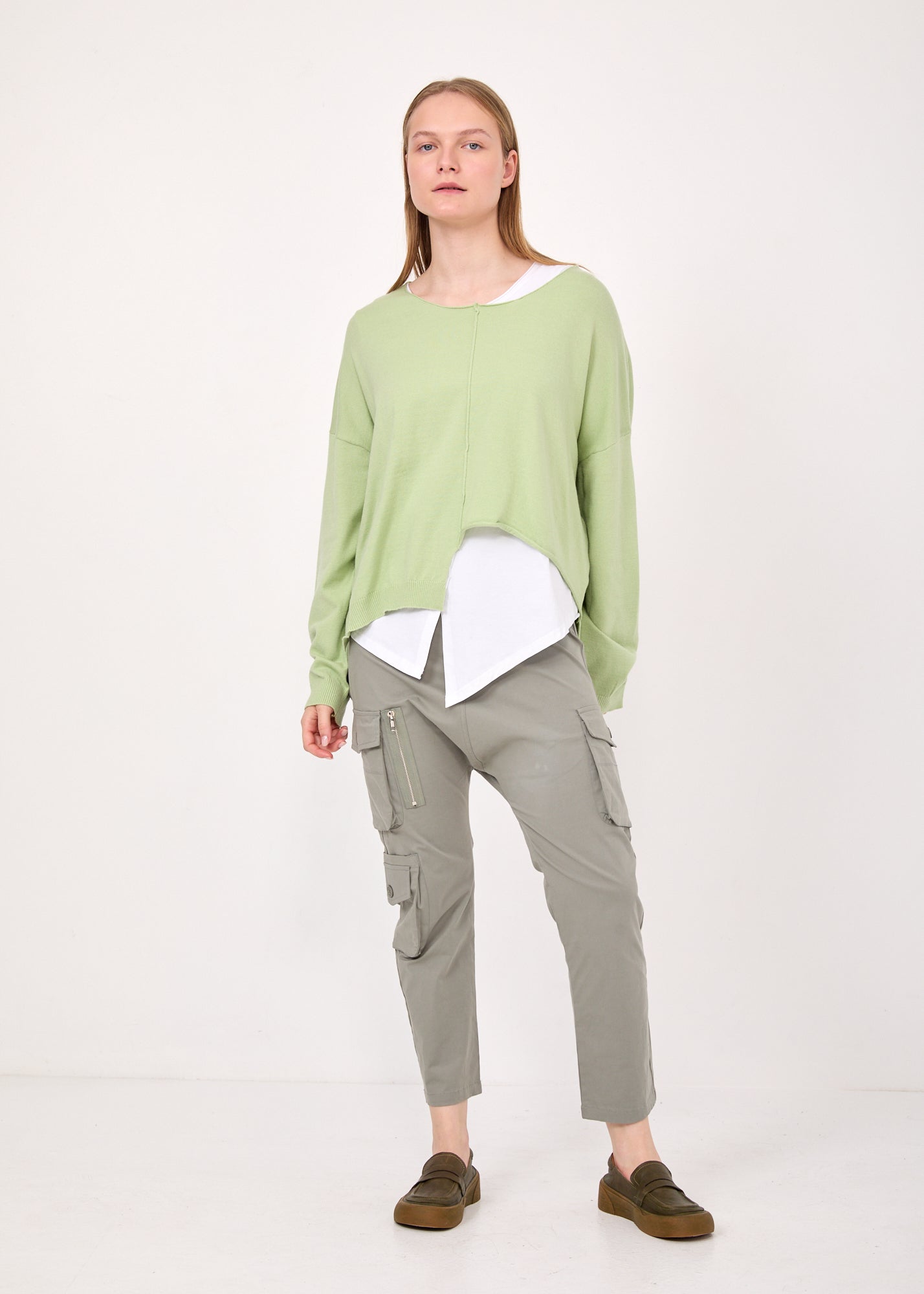 Green asymmetric extension knit