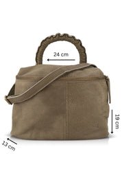 A small leather bag with a green shrink handle