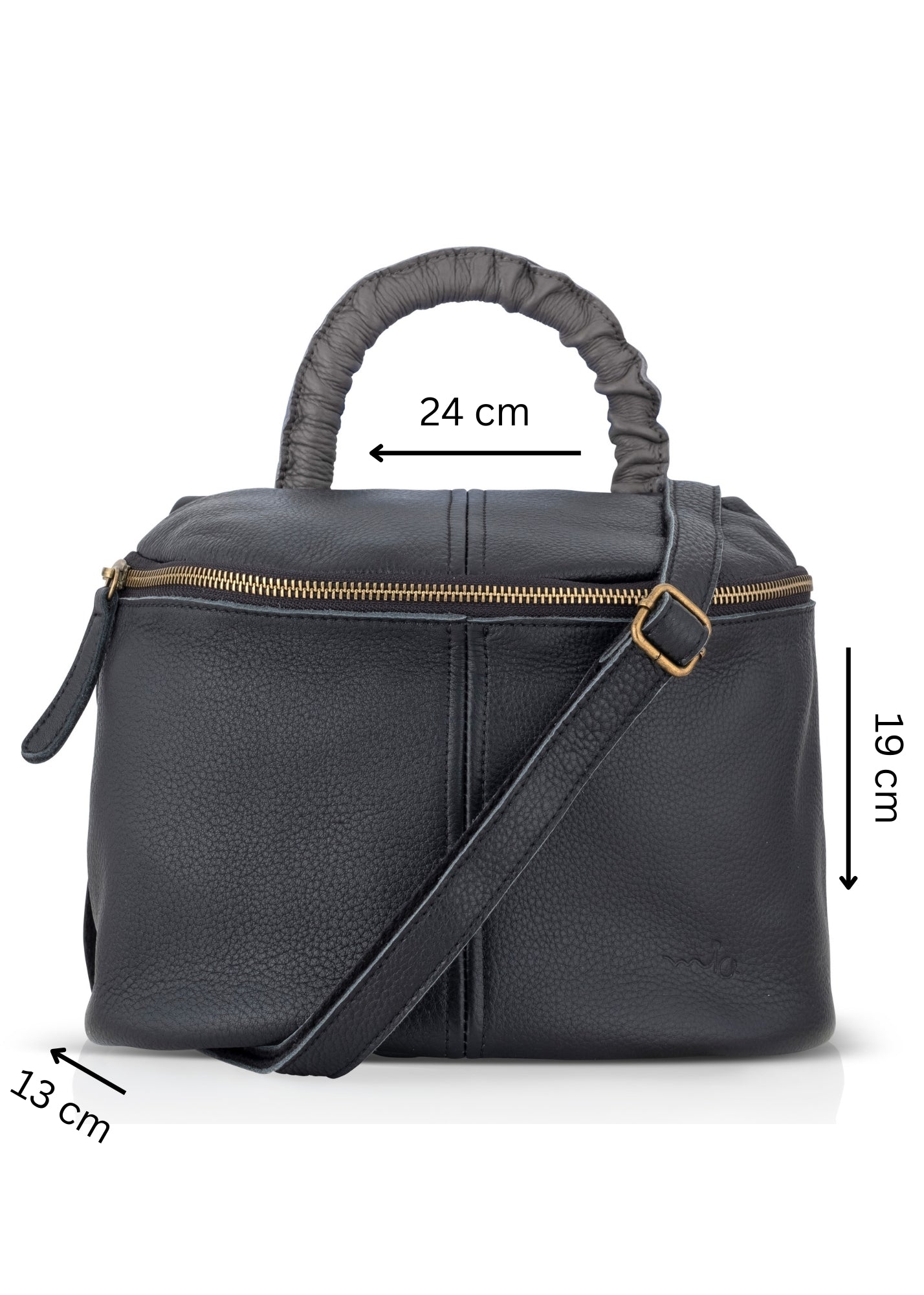 A small leather bag with a handle and a black color combination