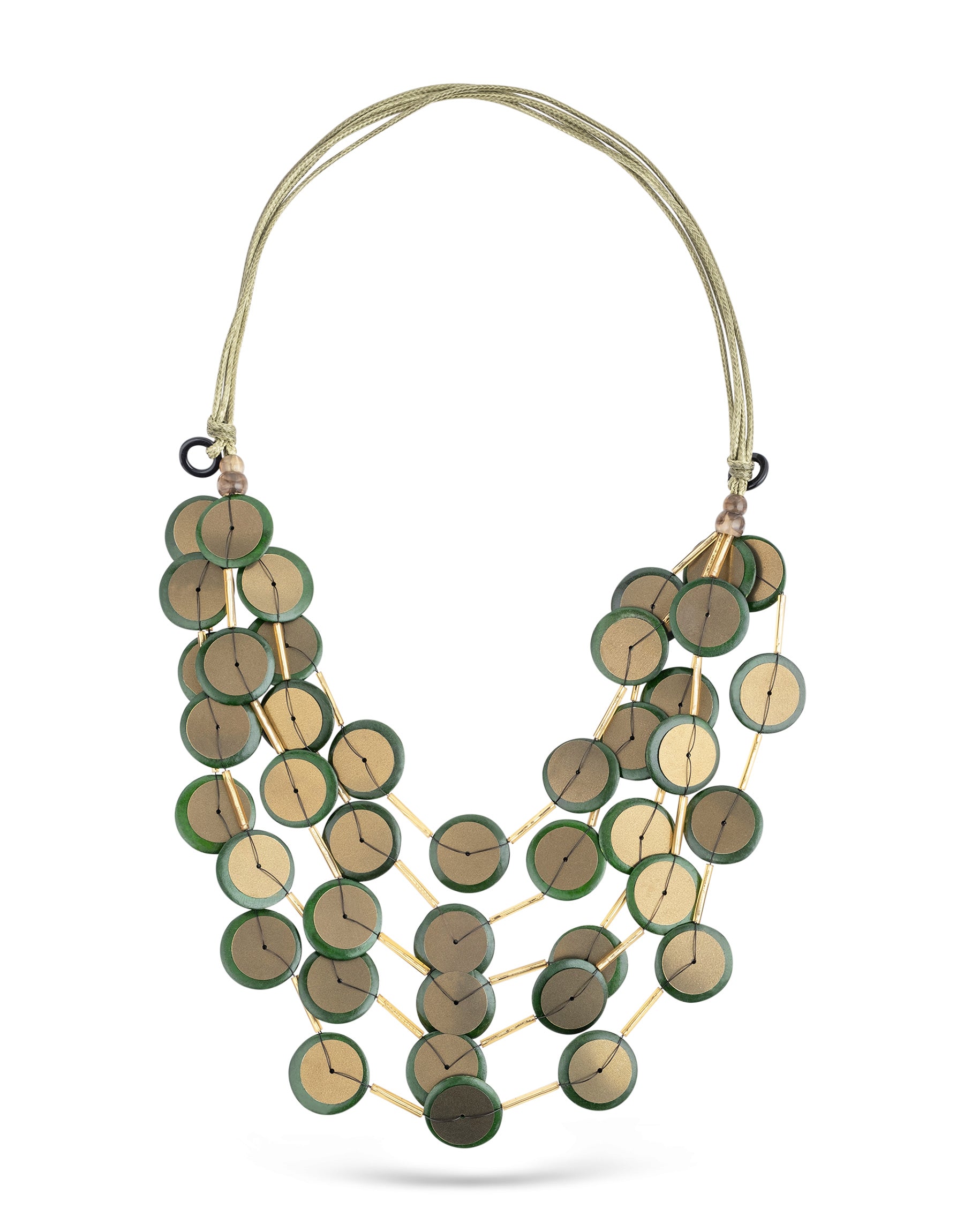 Handmade necklace with coconut buttons, sequins and green plastic beads