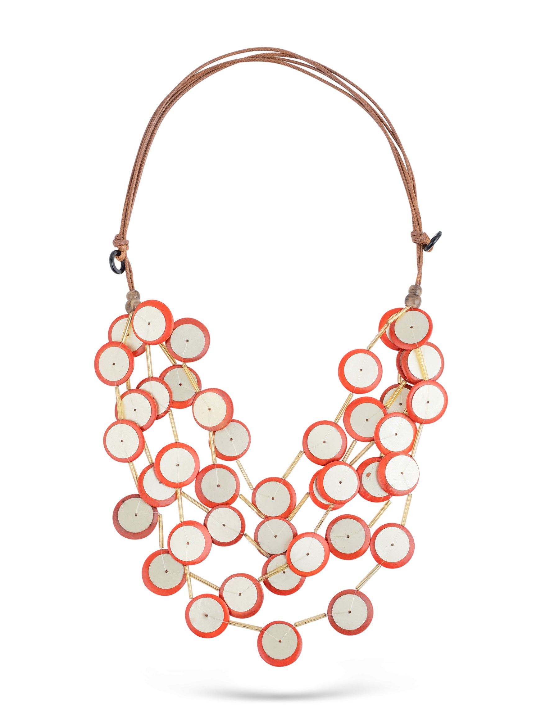 Handmade necklace with coconut buttons, sequins and orange plastic beads