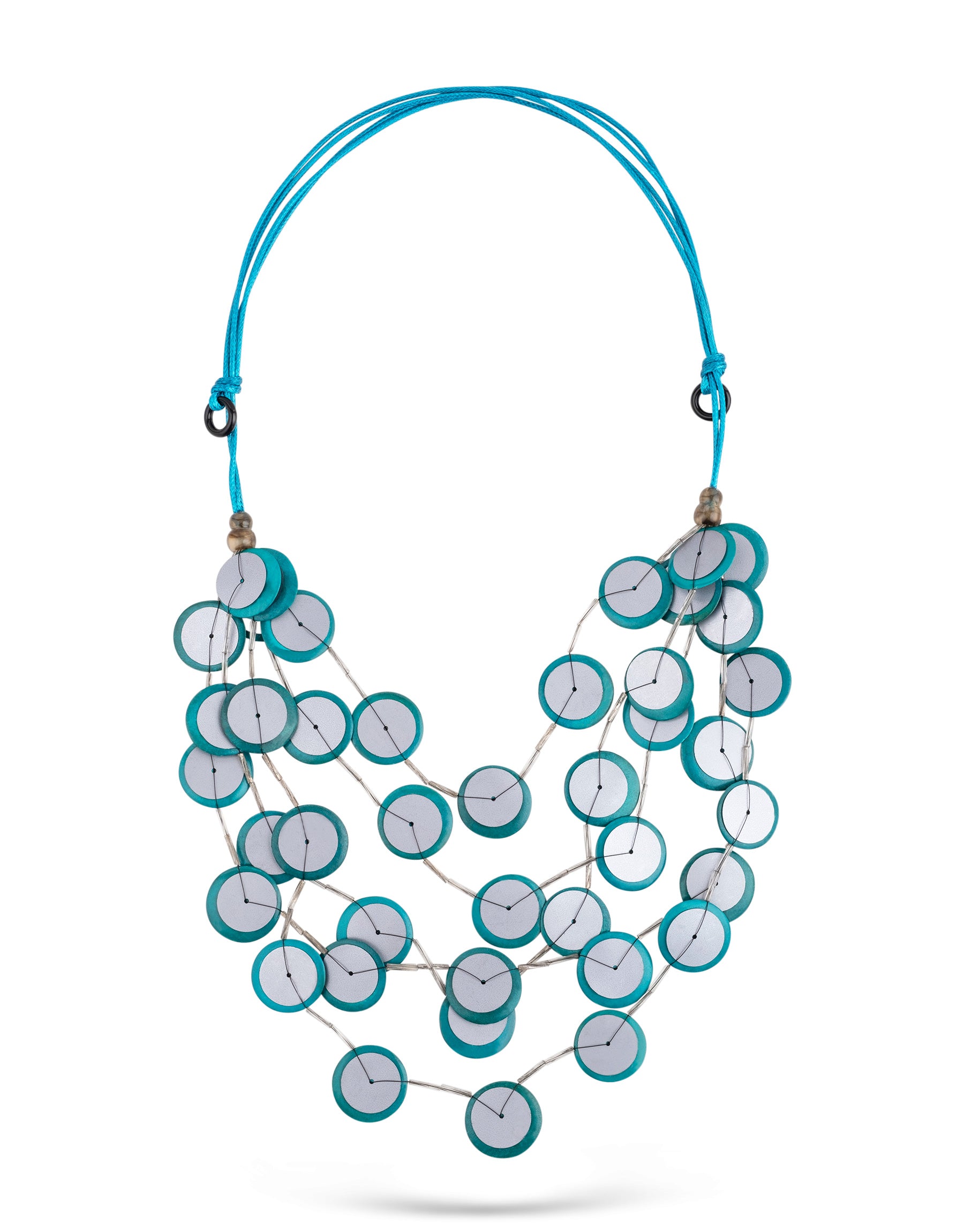 Handmade necklace with coconut buttons, sequins and turquoise plastic beads