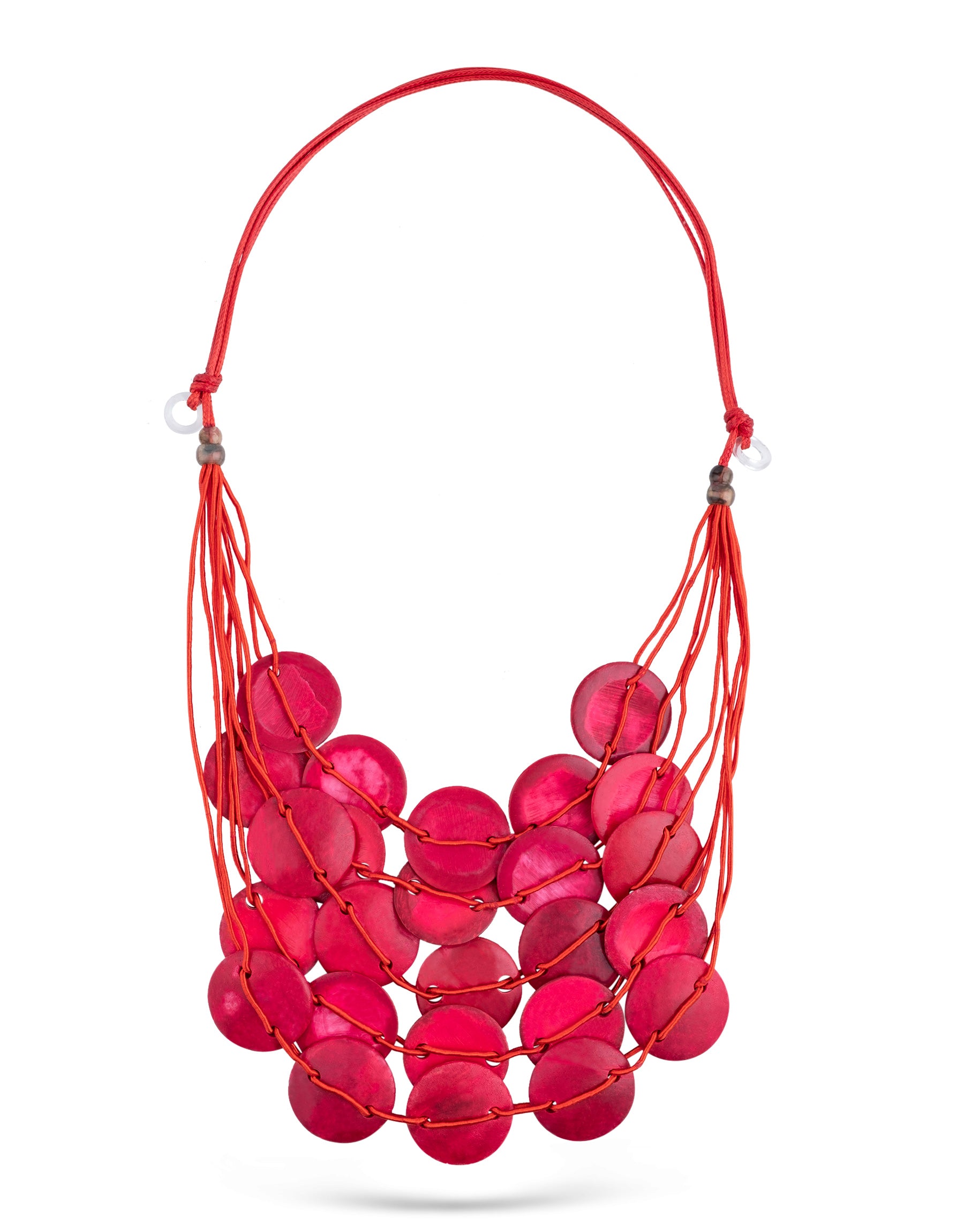 Handmade necklace with red painted coconut circles