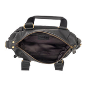 Black multi-compartment leather bag