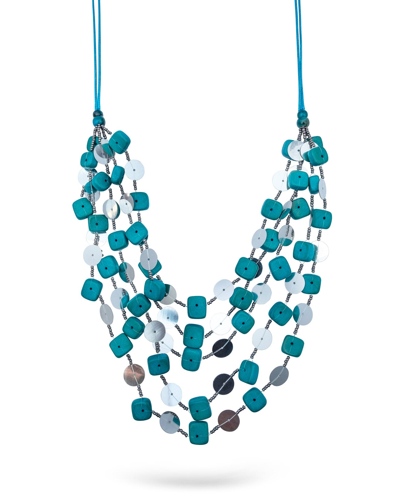 Handmade necklace rows of turquoise square discs