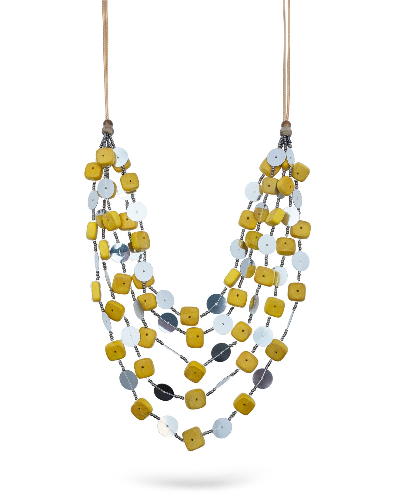 Handmade necklace rows of yellow square discs