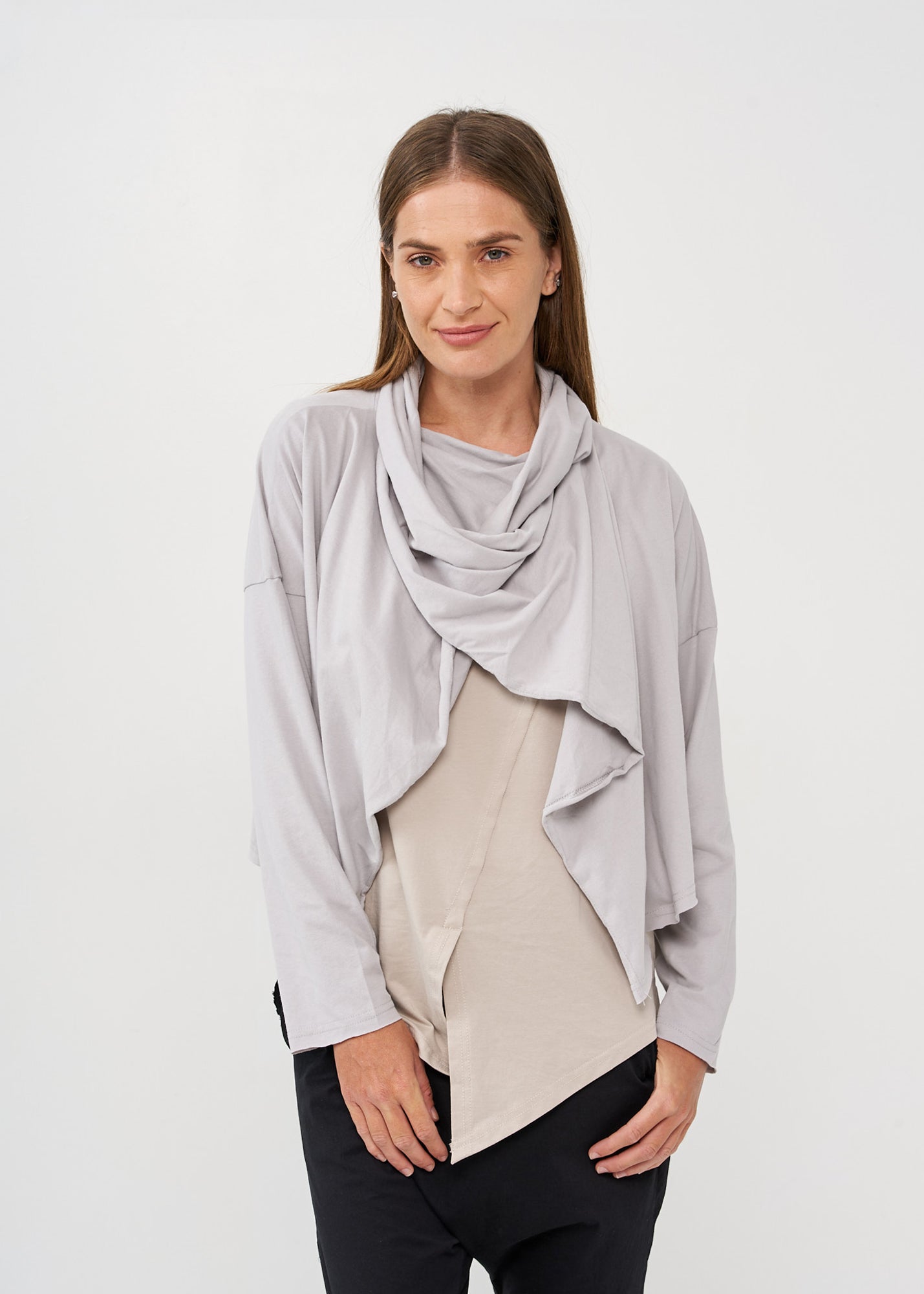 Thin light gray wrapped scarf top