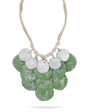 Necklace of green handmade papier mache discs 