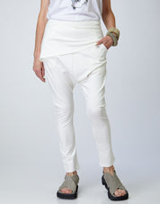 White Diagonal Side Stitched Fold Baggy Pants