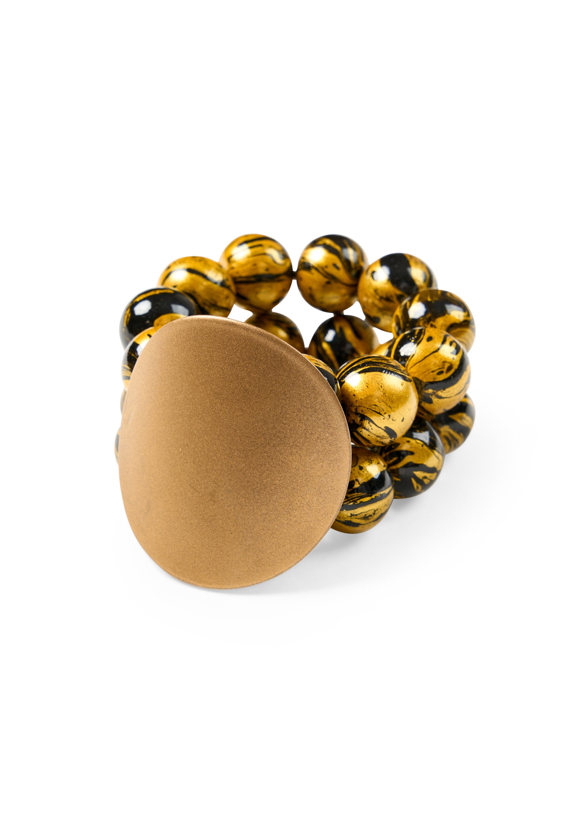 A bracelet with wooden beads and a gold disk