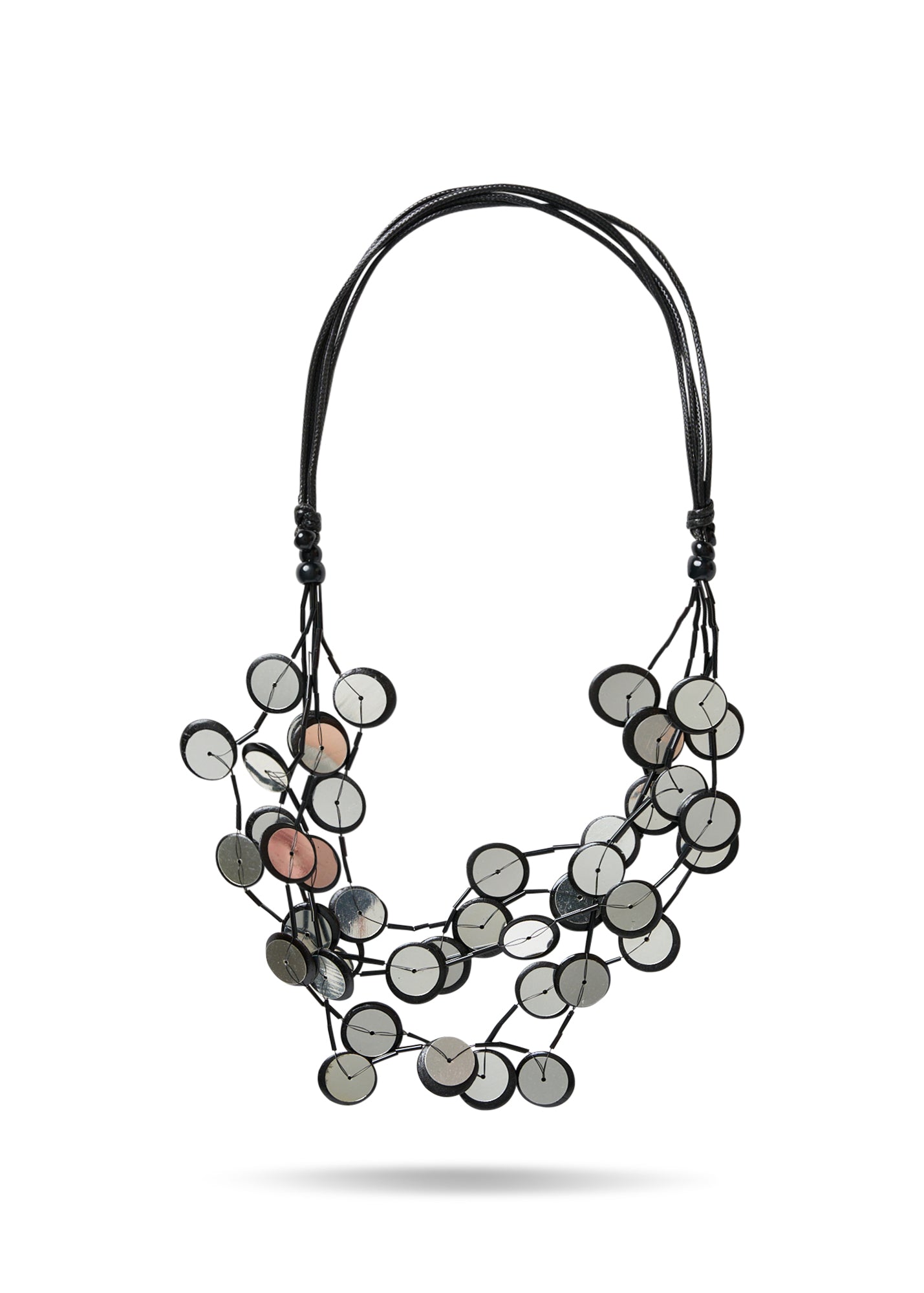 Handmade necklace with coconut buttons, sequins and black plastic beads