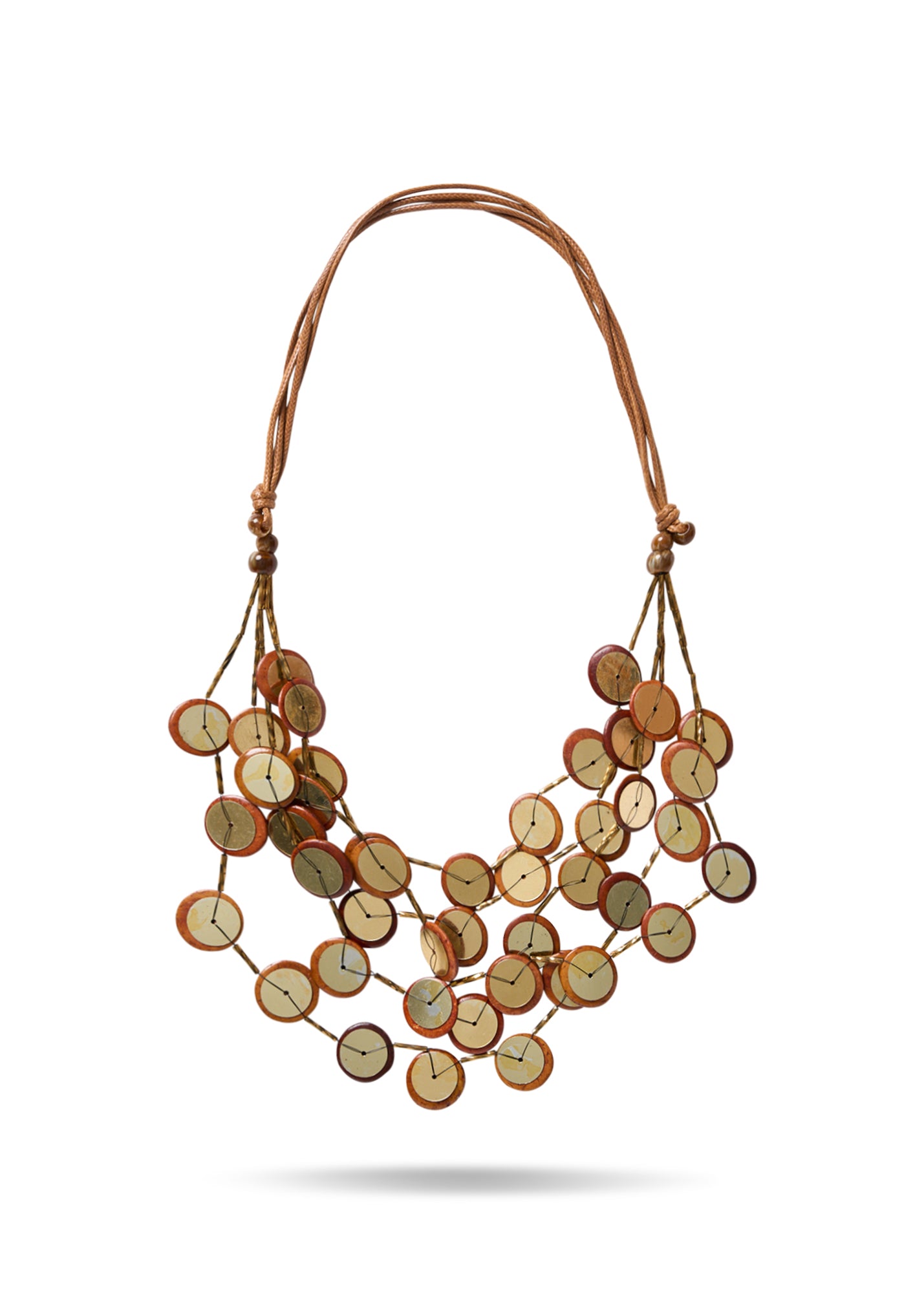 Handmade necklace with coconut buttons, sequins and brown plastic beads